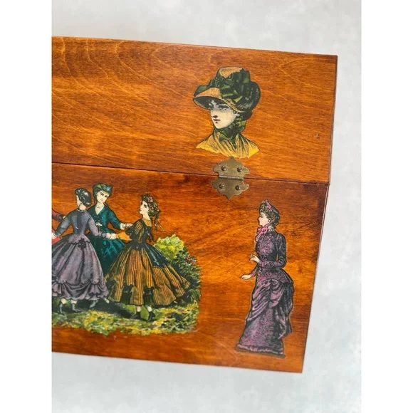Vintage Wooden Hinged Lidded Box with Victorian Women Dancing Decoupage - Picture 4 of 12